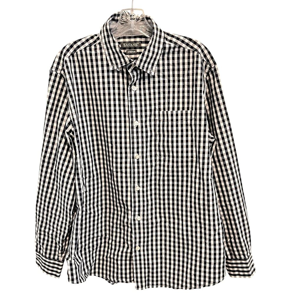 Savane Men’s Blue White Gingham Long Sleeve Button-Down Shirt Size Large
